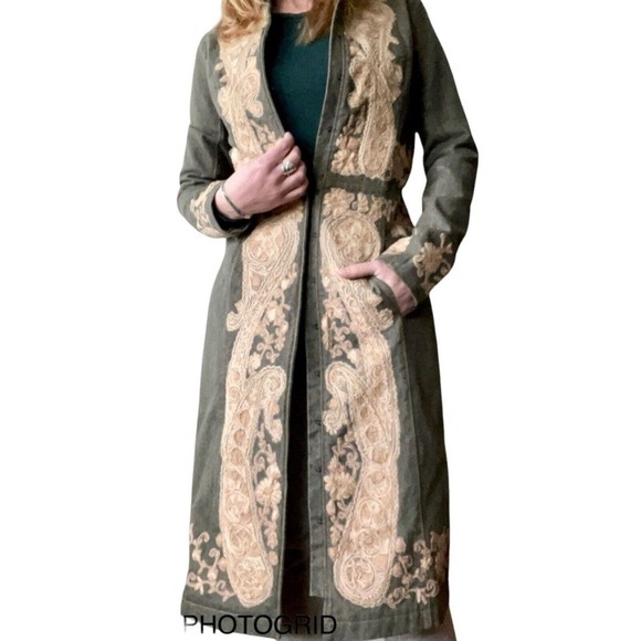 Plenty Tracy Reese Anthropologie Olive Green Embroidered Long Denim Nehru Jacket - Picture 1 of 16
